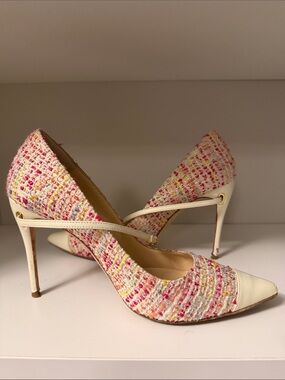 Pointed Tweed Stiletto Heels with Ankle Strap in Cream and Pink